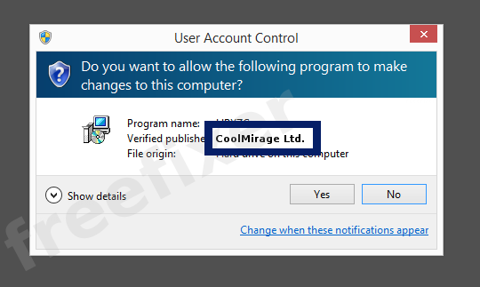 Screenshot where CoolMirage Ltd. appears as the verified publisher in the UAC dialog